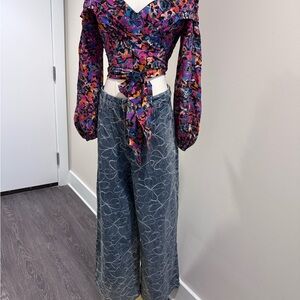 Rebecca Vallance Multicolor Floral Top and Blue Patterned Pants